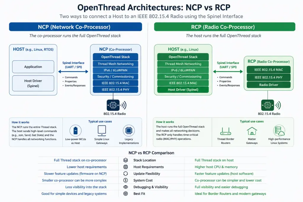 OpenThread NCP vs RCP architecture comparison diagram showing differences between Network Co-Processor and Radio Co-Processor designs using Spinel over UART and SPI for Thread Border Routers and Matter gateways